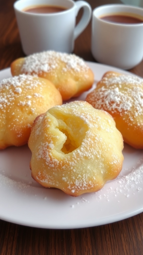 Air Fryer French Beignets Recipe Golden brown air fryer French beignets dusted with powdered sugar on a white plate.